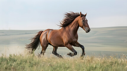 Fototapeta premium Splendid Display of Equine Agility and Speed: A Chestnut Horse Galloping On Open Fields