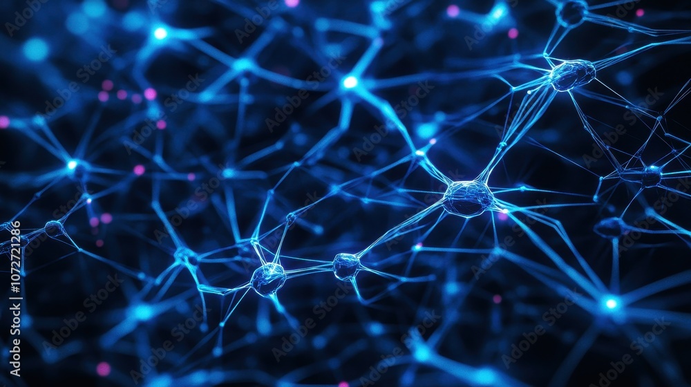 Poster abstract blue neural network - connecting lines and glowing nodes.