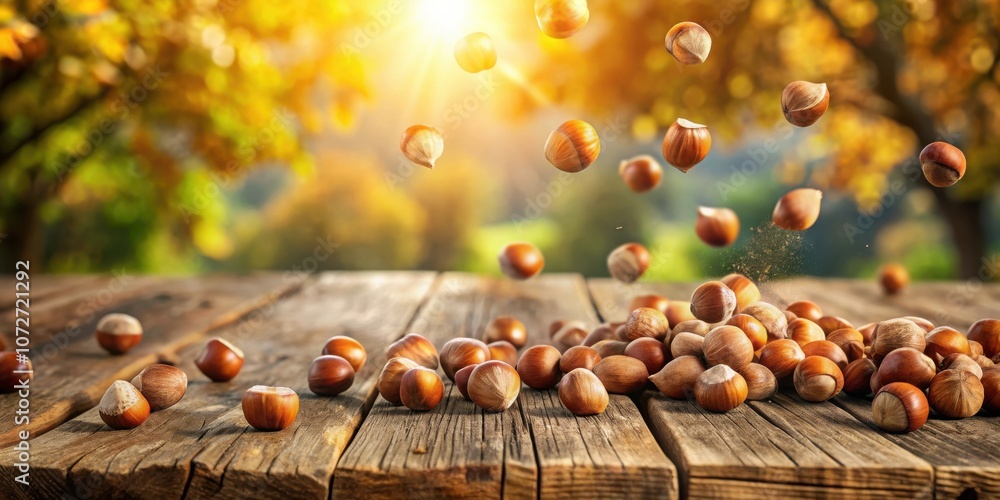 Poster hazelnuts falling onto a rustic wooden table in front of a blurred background of autumn leaves and s