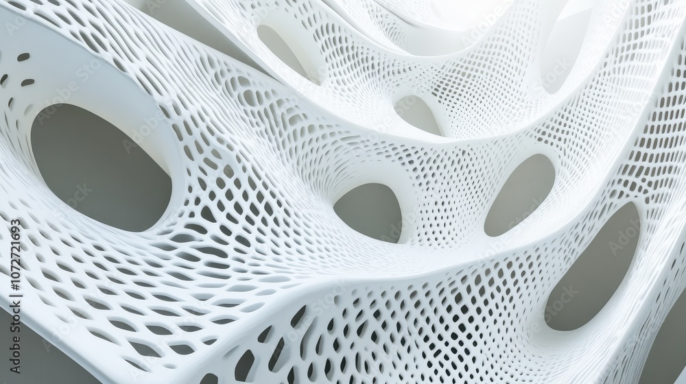 Poster abstract white architectural structure with 3d grid pattern, curved lines and openings.