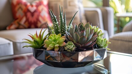 A modern and chic glass coffee table adorned with a geometric metallic bowl filled with a variety of succulents adding a touch of luxury to the room.