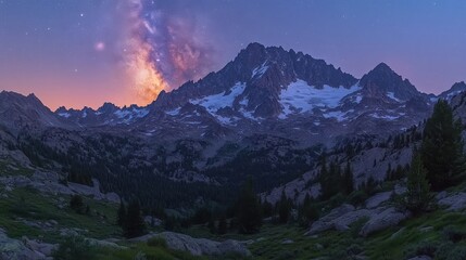 Obraz premium A breathtaking night sky over a mountainous landscape, showcasing the Milky Way's beauty.