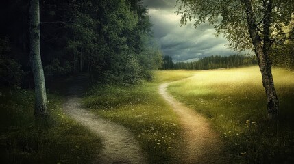 Naklejka premium Two Paths Diverging in a Forest with Sunlight Breaking Through the Clouds