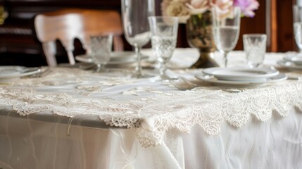 The vintage lace tablecloth with its intricate designs and delicate scalloped edges is the perfect backdrop for a formal dinner party or special celebration.