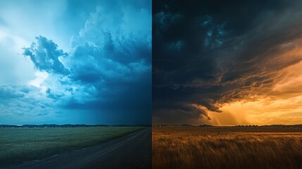 Dramatic Sunset Sky Over Field, Split Tone, Moody Nature, Landscape Photo.