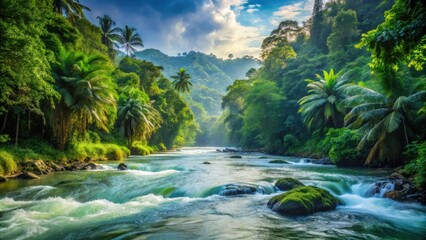 Fototapeta premium A Serene River Flows Through a Lush Tropical Forest, Bathed in Golden Sunlight, with Palm Trees Swaying Gently in the Breeze