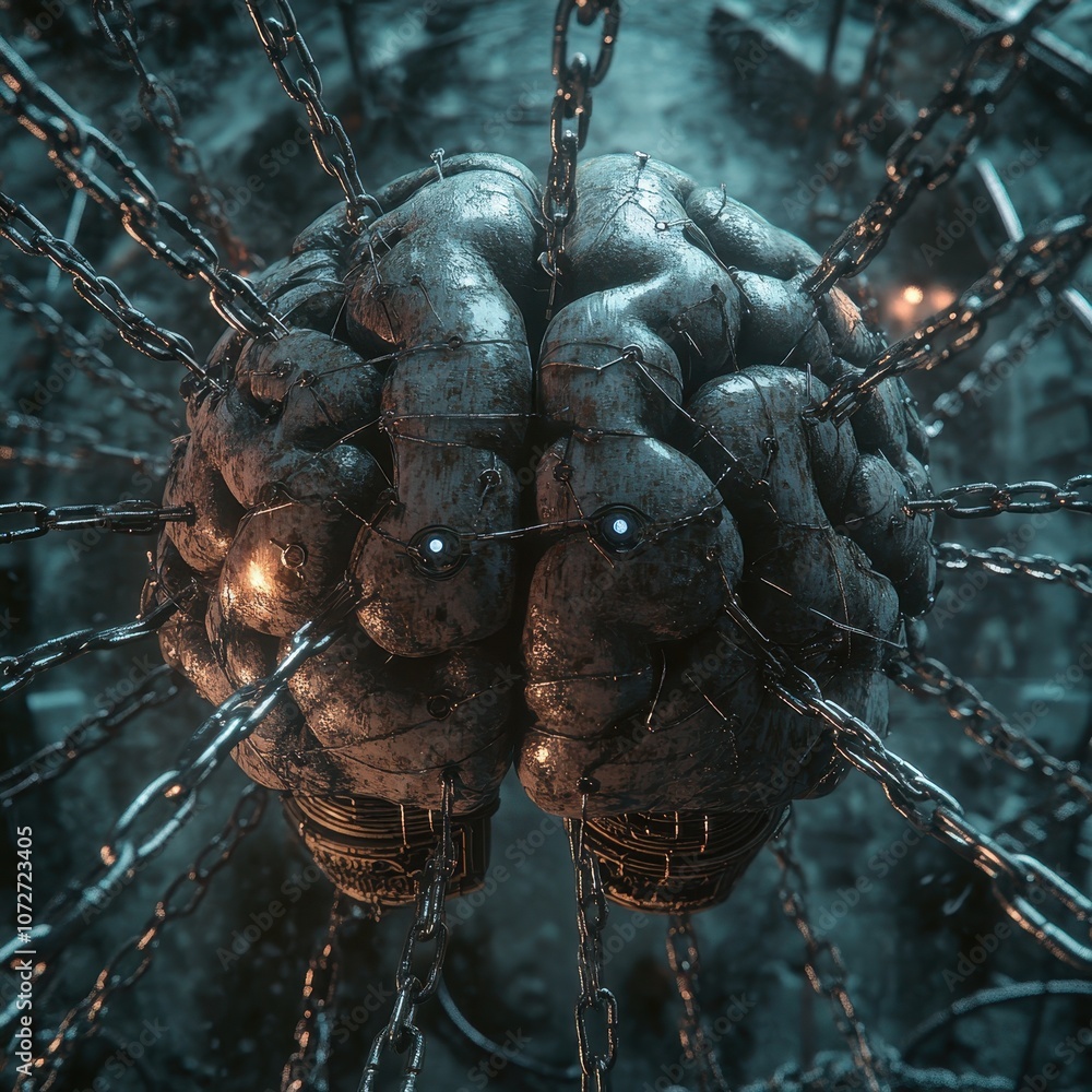 Poster chained brain - abstract concept of mental restraint and control.