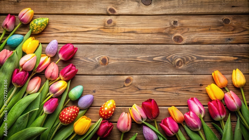 Poster a rustic wooden background adorned with vibrant tulips and colorful easter eggs, creating a festive 