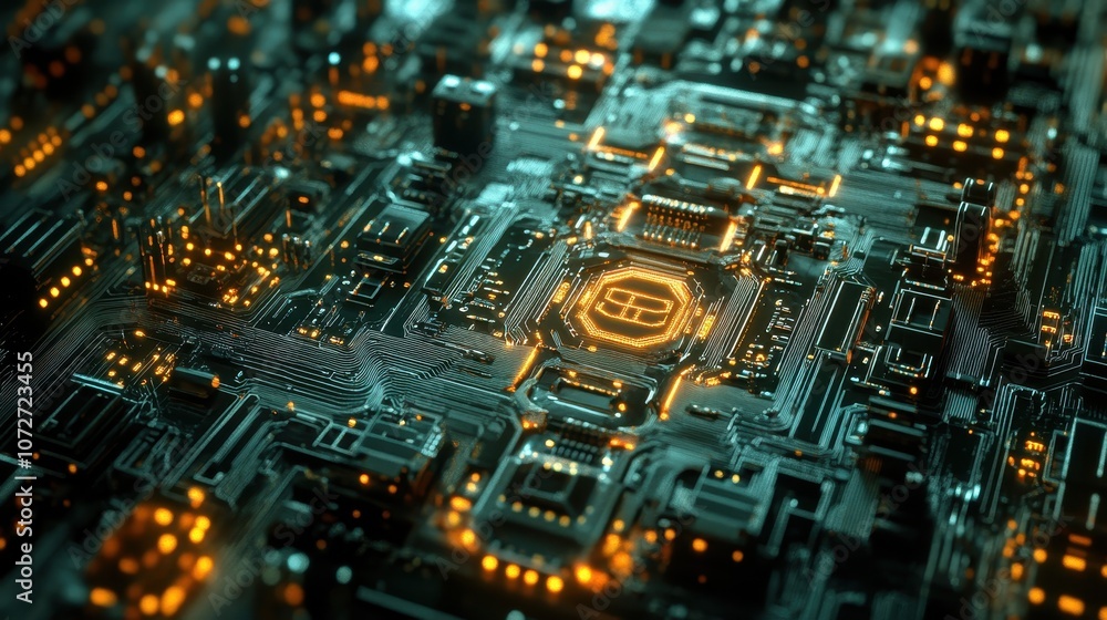 Poster futuristic circuit board with glowing lights and complex pathways - abstract technology background.