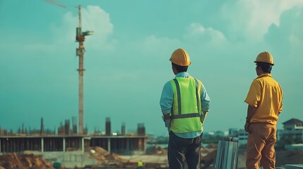 Fototapeta premium Engineer and Architect working on construction site with building crane background