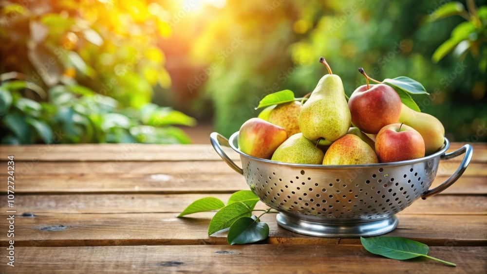 Poster a rustic table setting with a bowl of freshly picked pears and apples, bathed in golden sunlight