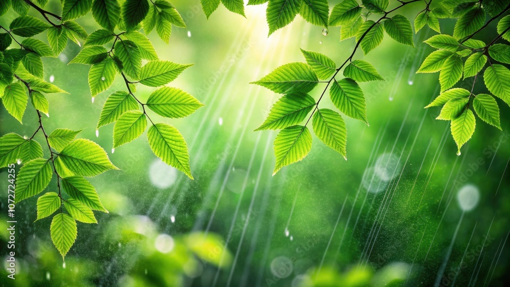 Poster Sunlight filtering through lush foliage during a gentle rain shower, creating a serene and refreshing atmosphere.