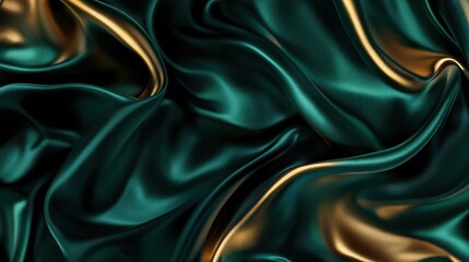 Obraz premium Abstract Green and Gold Draped Satin Fabric Background Texture.