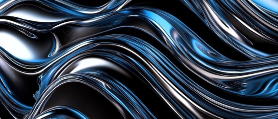 Naklejka premium Abstract Blue and Silver Liquid Metal Waves, Curved Lines, Shiny Metallic Background, 3D Render.