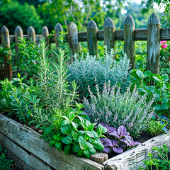 Homemade vegetable garden built with weathered wooden planks with different medicinal plants