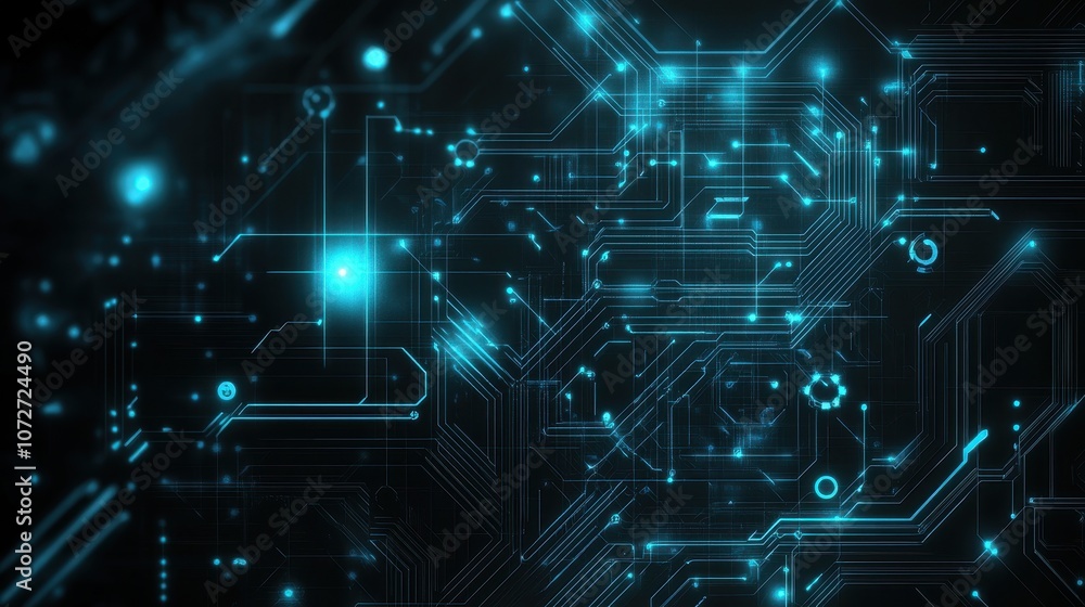 Poster abstract futuristic circuit board background with blue glowing lines and dots.