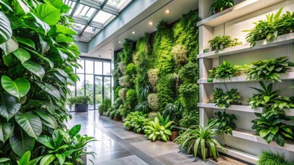Fototapeta premium A verdant living wall, a serene green oasis within a contemporary building, bathed in natural light filtering through the glass ceiling