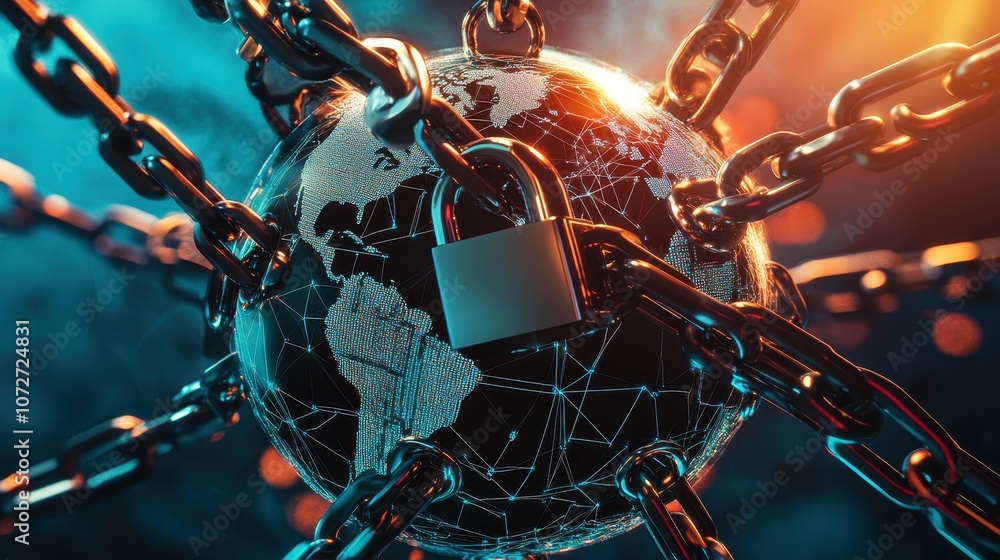 Poster global network security concept - earth globe locked with chains and padlock.