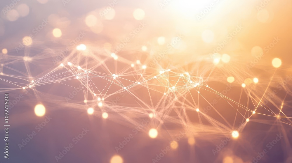 Poster abstract network connection background with bokeh lights and golden hues.