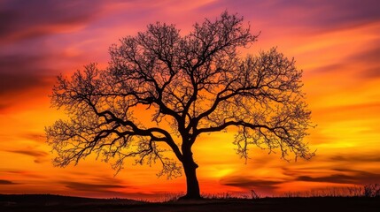 Fototapeta premium Silhouette of a Tree Against a Dramatic Sunset Sky.