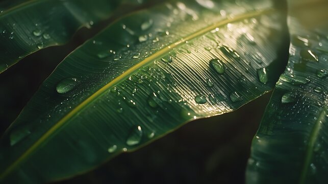 Water drops on banana leaf with sunlight in the morning Natural background - Powered by Adobe