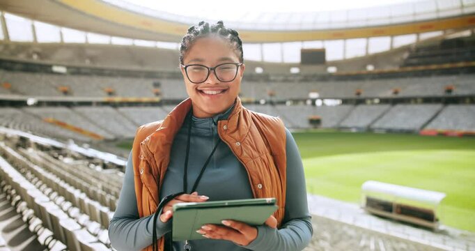 Sports, face and woman for media relations, press release and tablet in stadium with presentation. Technology, portrait and happy journalist in arena for crisis management, interview and broadcast