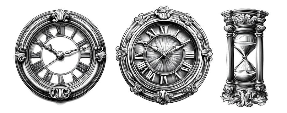 set of vintage engraving drawing  beauty Antique Timepiece Watch Clock Sand clock Sand timer  on white background isolated	