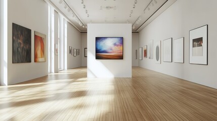 Fototapeta premium Modern Art Gallery Interior with Sunbeams and Wooden Floor - Contemporary Artwork Display.