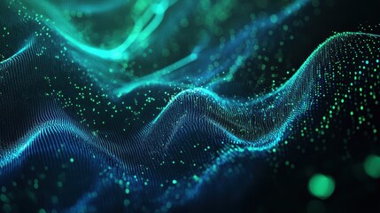Abstract Blue and Green Particle Wave Background, Futuristic Digital Technology Concept,  3D Render