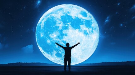 Silhouette of a Person Reaching Towards a Giant Blue Moon in a Starry Night Sky.