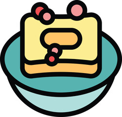 Single square cake with icing and berries on top, served on a plate, ready to be eaten