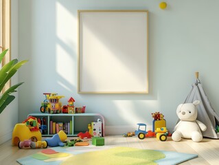 Empty Picture Frame Mockup in a Colorful Kid's Room with Toys and a Play Tent - Interior Design Concept.
