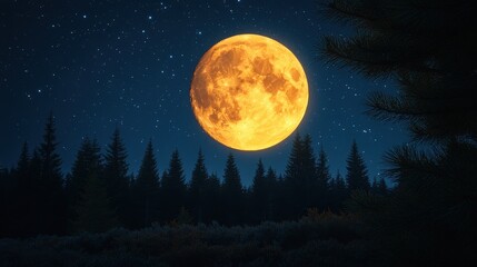 Naklejka premium A bright full moon illuminates a forested landscape under a starry night sky.