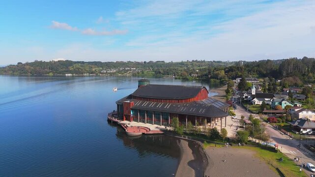 Aerial view of Teatro del Lago in the coast of Llanquihue Lake in Frutillar