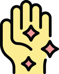This icon of a hand holding sparkling cleanliness symbols represents hygiene and sanitation