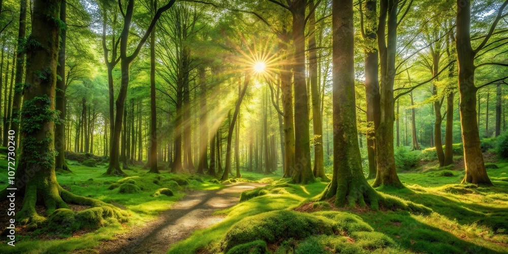 Poster a sun-drenched forest path winds through a vibrant green canopy, sunlight filtering through the leav