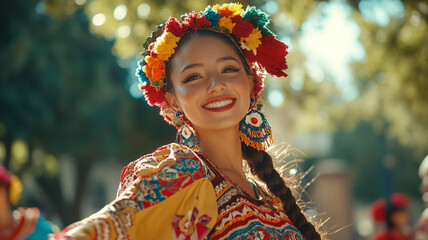 Celebratory dance at the Mexican Independence Day festival in vibrant traditional attire