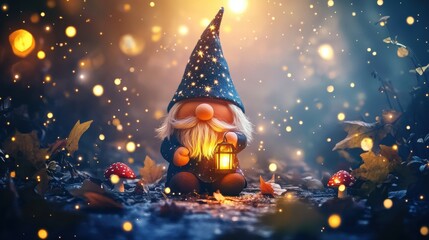 A whimsical gnome holding a lantern in a magical forest setting.