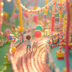 Fototapeta premium Felt Amusement Park Fun Day: The Adventure of a Boy and His Lamb
