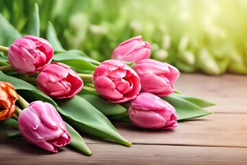 pink tulips on wooden background