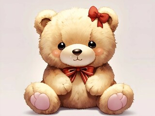 A plush teddy bear looks soft and fluffy, with a round face, big black eyes, and a cute smile. Its plush fur can be brown or beige, and it may wear a pretty bow or scarf around its neck.