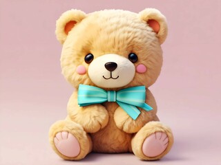 A plush teddy bear looks soft and fluffy, with a round face, big black eyes, and a cute smile. Its plush fur can be brown or beige, and it may wear a pretty bow or scarf around its neck.