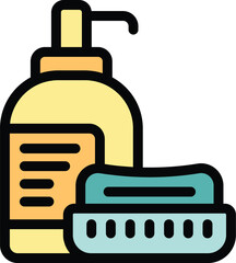 Cleaning soap bottle with pump dispenser and cleaning brush icon, line color vector illustration