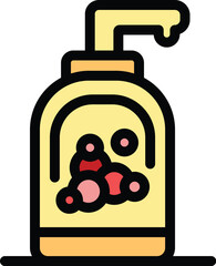 Yellow and red colored icon of a soap bottle dispenser for washing hands and removing virus and germs
