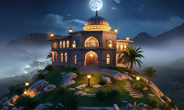 A house or a mension from ancient world in Night with a full moon. 