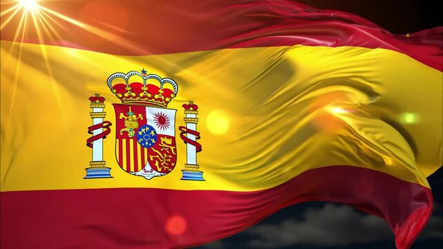 Majestic Spanish Flag Waving in the Wind with Dramatic Lighting and Lens Flares