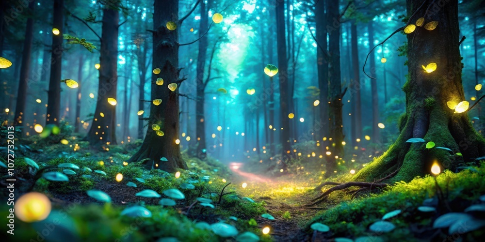 Poster enchanted forest path with glowing leaves and a mystical atmosphere
