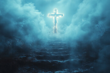 Naklejka premium A cross in the sky, shining brightly, surrounded by clouds with stairs leading up to it. The colors are blue and white, in a hyper-realistic style