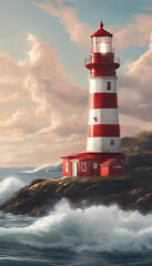 Obraz premium A red and white lighthouse stands on a rocky shore amidst turbulent ocean waves under a cloudy sky.