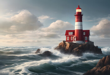 Obraz premium A red and white lighthouse stands on a rocky shore amidst turbulent ocean waves under a cloudy sky.